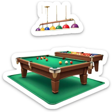 A well-arranged pool table with colorful billiard balls neatly placed, and a cue stick poised to take a shot. The setting is a dimly lit room with a focused atmosphere, highlighting the precision and strategy involved in the game of billiards. sticker
