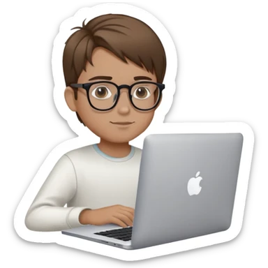 brown balayage straight hair boy with MacBook with glasses sticker
