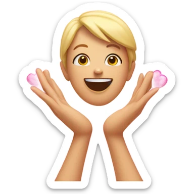 happy face, making a heart with their hands, ￼ surrounded by pink hearts, ￼￼ sticker