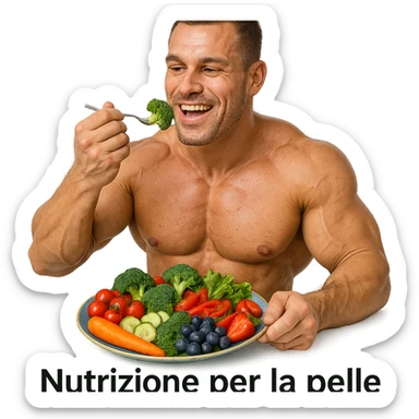 bodybuilder eating fruits and vegetables to prevent wrinkles, hyper realistic style, well visible muscles, colorful plate, text 'Nutrizione per la pelle', positive atmosphere, white background sticker