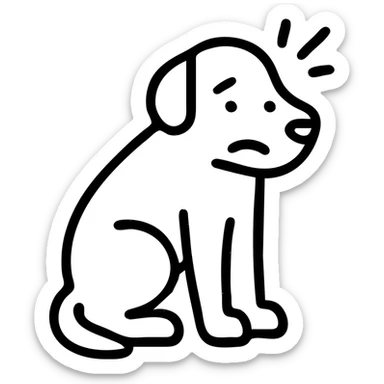 Anxious dog with worried expression, tail between legs, and stress lines sticker