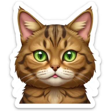 Cinematic Meme-Worthy Grumpy Brown Tabby Cat Portrait Emoji, Head held high but eyes filled with dramatic disappointment, fluffy brown fur with striking tabby markings, signature M-shaped forehead furrowed into an unmistakable scowl, large ears slightly angled back in disapproval, piercing golden-green eyes glaring with pure exasperation, Simplified yet hilariously over-exaggerated features, highly detailed, glowing with an aura of supreme annoyance, high shine, exhausted yet judgmental, stylized with an almost regal pettiness, bright but brooding, soft glowing outline, capturing the essence of a feline that has seen it all and is thoroughly unimpressed, so meme-worthy it feels like it could instantly become the next viral sensation of grumpiness! sticker