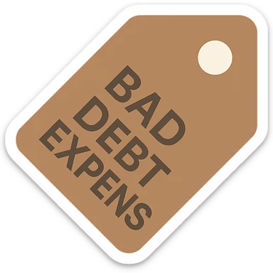 brown price tag icon with 'bad debt expense' in bold clear lettering sticker