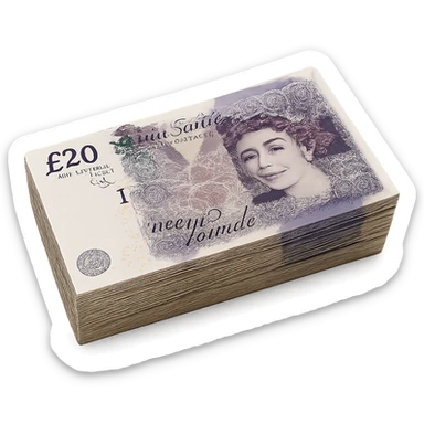 a stack of British pound banknotes viewed from the top, showing the bills' details and colors sticker