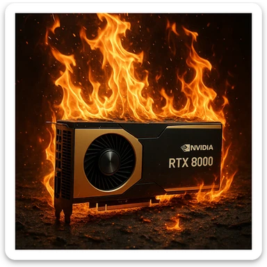 burning NVIDIA RTX8000 graphics card, dramatic flames, detailed, no text sticker
