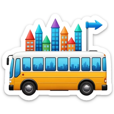 bus from the side with three colorful directional arrows pointing to city icons, Apple emoji style, vibrant colors sticker