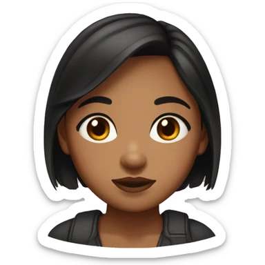 Brown skin girl teen, black hair colour, brown eyes, round face shape, sharp nose, lips are small, chubby character, cute face sticker