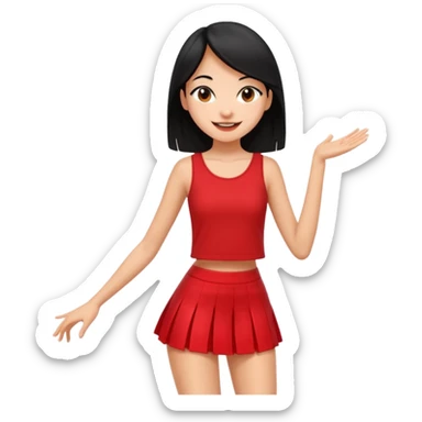 Chicas esbelta con falda corta negra y top rojo,pelo semi largo negro y lacio  super feliz,pero bailando sticker