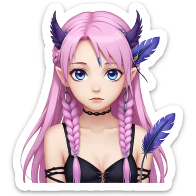Gorgeous beautiful pretty grumpy anime lady long-pale-pastel-pink-hair with one braid on each side, hanging purple-pink feather-ear-cuffs in hair, black bodysuit, blue eyes, pink iris, ethereal, fashion aesthetic  sticker