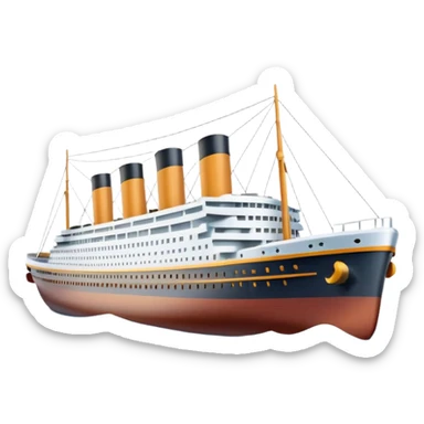 A 3D emoji of a Titanic ship in Apple style, glossy and smooth surface, bright clean colors with subtle shading, simple and minimal details, no face or expressions, floating on calm ocean, soft shadows, high-quality render, isolated on white background.


 sticker
