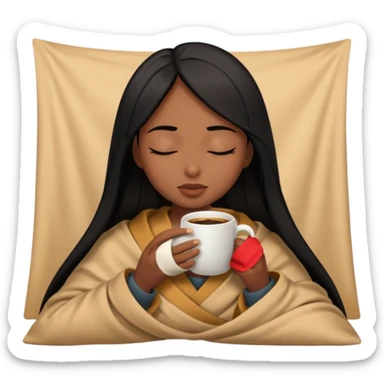 Chocolate brown girl with long straight jet black hair wrapped inside a tan blanket sipping coffee eyes closed sticker