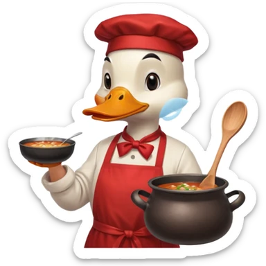 A duck wearing red apron stirring soup in a small pot, looking very focused. sticker