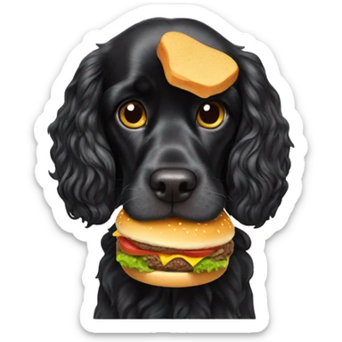Black cocker spaniel eating a cheeseburger sticker