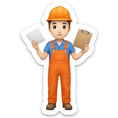 railway engineer full body in orange overalls, carrying a piece of paper with both hands in front of him sticker