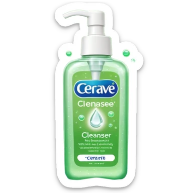`CeraVe-shaped cleanser white rectangular pump bottle with soft green label CeraVe” stripe. Surrounded by floating water bubbles, glowing light particles, and a gentle green mist. Feels like a calm hydration spell in a bottle. Clean, glossy, emoji-style.`magical
 sticker