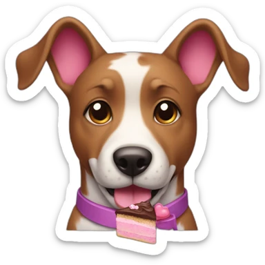 a purple dog with a brown nose and a pink collar with a bone eat cake sticker