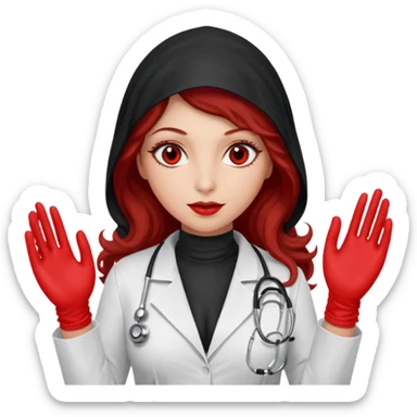 Lilith scalpel in hand, evil surgeon sexy surgeon clothes.  She has red eyes. She brown long curly hair. Wears sexy doctor outfit with red gloves. Wears red burka to hide her identity sticker