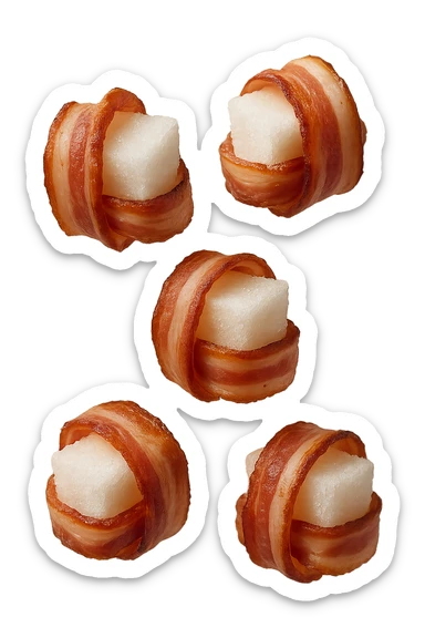 zollette di zucchero fluttuano in aria con pezzi di colon arrotolati intorno ad ogni zolletta, iperrealistico 4k sticker