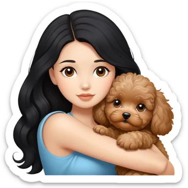 beautiful women with long black hair hugs cute brown maltipoo  sticker