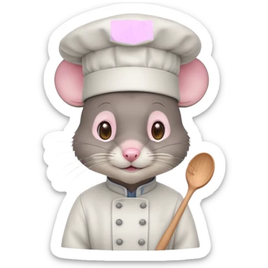 dark gray mouse with large round ears, brown eyes, and a small pink nose, wearing a white chef’s hat sticker