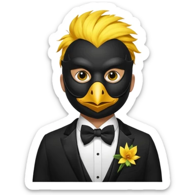 A man facing forward wearing a tuxedo with a mask depicting a yellow canary. sticker