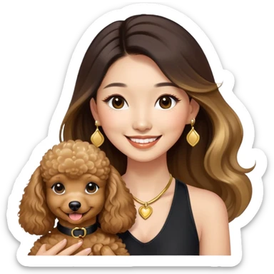an asian lady with long balayage hair with gold highlights, long lashes, wearing black halterneck top, smiling happily, and holding a brown poodle sticker