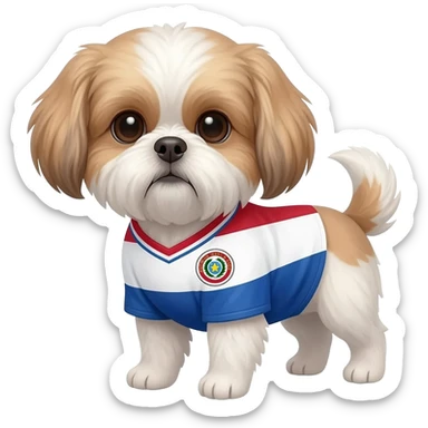 white and light brown shih zhu wearing a Paraguay soccer jersey v neck 2026 work cup sticker
