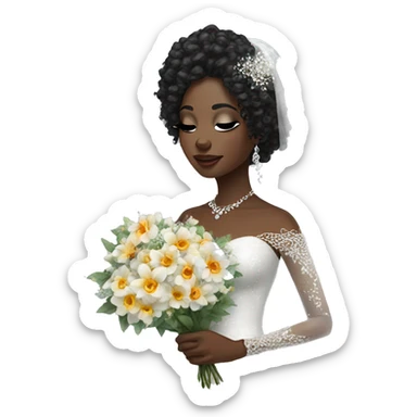 African bride. Glitter makeup. Long black curly hair. Silver jewelry. Holding flowers. Eyes closed. sticker