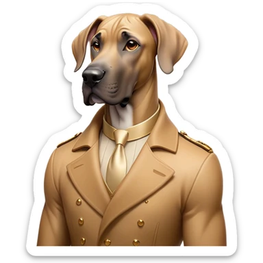 Cinematic Noble Fawn Great Dane Portrait Emoji, Poised and regal, with a towering, muscular build and a sleek, well-groomed solid fawn coat accented by subtle dark markings, deep-set soulful amber eyes, Simplified yet sharp and sophisticated features, highly detailed, glowing with a soft, dignified glow, high shine, intelligent and gentle, stylized with an air of majesty, focused and attentive, soft glowing outline, capturing the essence of a watchful and confident guardian, so majestic it feels as though it could stride out of the screen with effortless authority! sticker