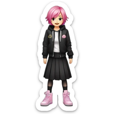 Full body Front view curvy emo girl pink hair sits on the floor straight view hands up black skirt белые трусики рваные полосатые чулки sticker