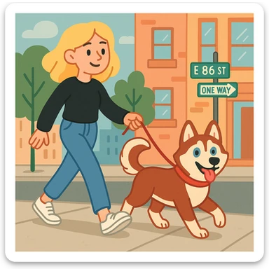 Cute Blonde woman wearing a black sweater and jeans and white sneakers walking a happy red-brown blue-eyed Siberian husky in New York City on an upper east side city sidewalk  sticker