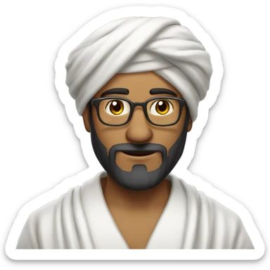Turban man with small beard, glasses and white robe. also add backpack and keep check view sticker