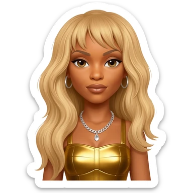 Beyonce from Destiny's Child with long blonde hair, gold metallic dress, silver necklace sticker