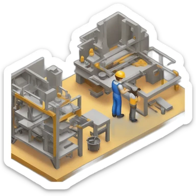 isometric teacher with student woodshop metalshop people teaching tools simple brutalist industrial makerspace concrete close up  sticker