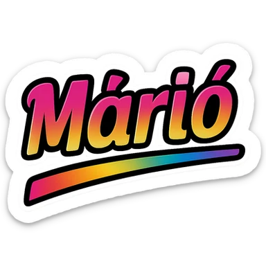 The name 'Márió' in a modern font with smooth gradient coloring, precise Hungarian characters, dark outline, extra thick and prominent white letter border, dynamic slanted underline, rainbow gradient color scheme, 1000x1000 px, PNG, transparent background. sticker