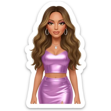 Mariah Carey with long dark blonde hair, lavender pink metallic crop top, lavender pink metallic skirt, silver earrings sticker