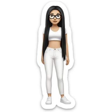 White girl with long straight black hair wearing a white crop top and glasses full body sticker