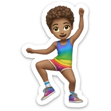 Spinning break dancer, short fuzzy brown hair, fair skin, rainbow shorts sticker