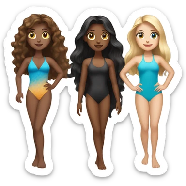Three women in swimsuits One blonde long hair Blue eyed, One wavy brown long and brown eyes tannish skin, one straight black long hair brown eyes.  sticker