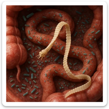 a medical illustration of a human realistic gut with bacteria and parasyte (tenia) realistic 4k real   sticker