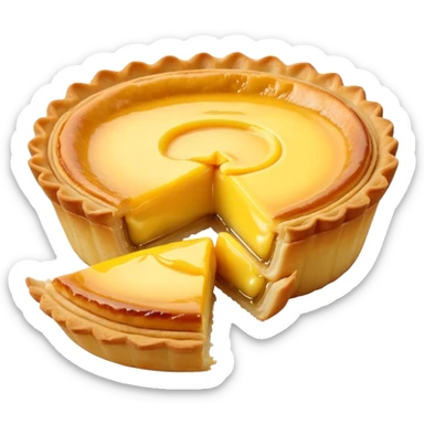 Hong Kong egg tart with flaky crust and yellow custard filling, bite taken out sticker