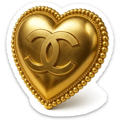 Chanel-inspired heart in metallic gold style with a pearl border and interlocking C's, elegant and classic sticker