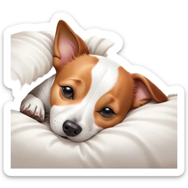Meme-Worthy Cute Sleeping Jack Russell Terrier Portrait Emoji, Head and body resting peacefully with a contented smile, showcasing a compact, alert yet relaxed form with eyes gently closed in serene slumber, Simplified yet adorably endearing features, highly detailed, glowing with a soft, drowsy canine light, high shine, relaxed and utterly lovable, stylized with an air of playful laziness, soft glowing outline, capturing the essence of a sleeping Jack Russell Terrier that feels destined to become the next viral icon of adorable rest! sticker