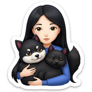 A beautiful girl with long black hair hugs a black Shiba Inu sticker