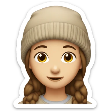 Medium-length brown hair, beige beanie, soft smile, round eyes, calm expression. sticker