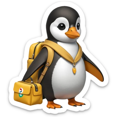 Una persona de apariencia peruana, vestida con ropa característica sin pelo montado a espaldas de un pingüino con una bolsa de la empresa de reparto glovo en la espalda sticker