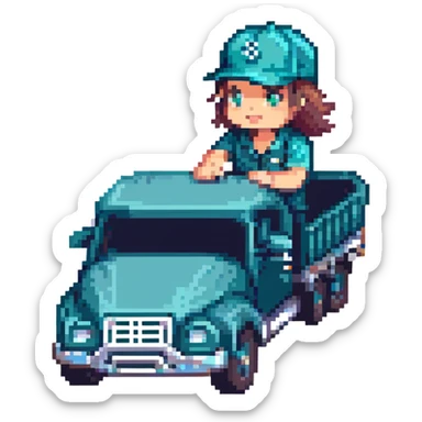 pixel art, cute dump truck, navy blue and teal green, Mariners baseball cap, driving action pose sticker