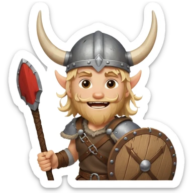 A young Viking warrior with messy blond hair, wooden shield, and fierce excited grin with horned helmet sticker