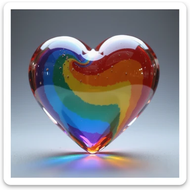 a realistic heart made of glass, filled with rainbow pride colors, photorealistic style sticker