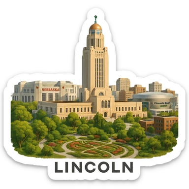 cinematic realistic emoji of Lincoln Nebraska, wide city view with iconic landmarks including Nebraska State Capitol, Memorial Stadium, Pinnacle Bank Arena, Sunken Gardens, lifelike detail, accurate colors, bright daytime lighting, no sky, no clouds, fully transparent background sticker